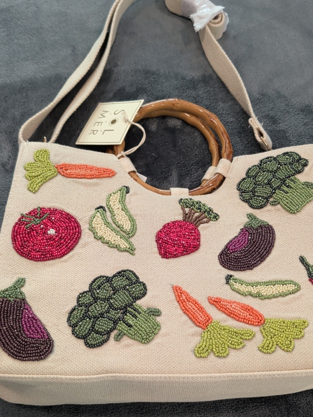 Beige Beaded Vegetable Embellished Tote With Bamboo Handles And Cross bag